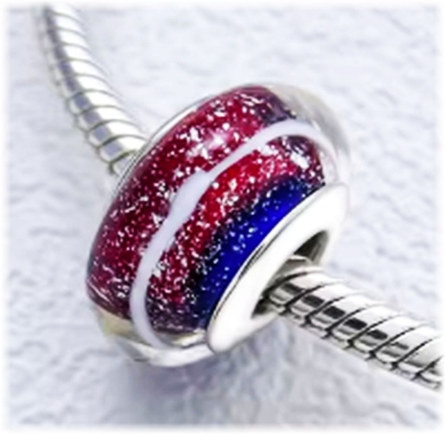 Murano Glas Charm 925er Sterling Silber Streifen in Blau Rot Weiß  
