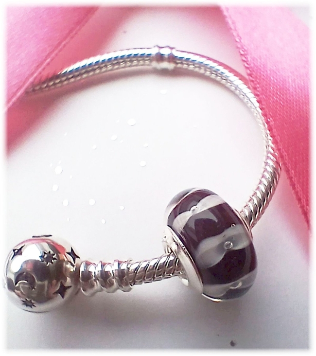 Murano Glas Charm 925er Sterling Silber mit Zirkonia Streifen Schwarz Weiß 