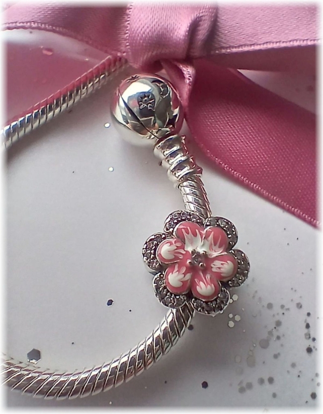 Charm 925er Sterling Silber Blumenperle Vergissmeinnicht Rosa mit Zirkonia