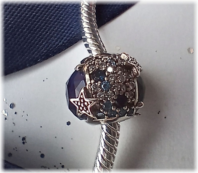 Charm 925er Sterling Silber mit Zirkonia Murano Pavé Perle Sternenhimmel Blau 
