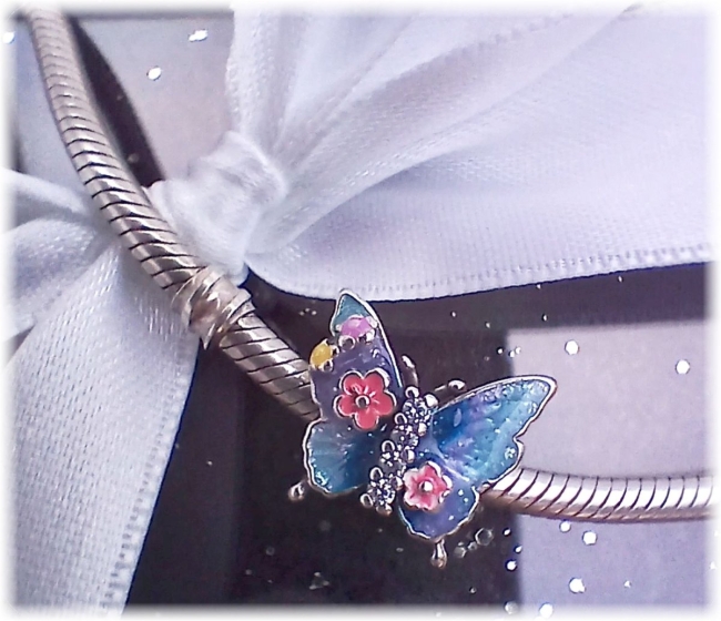 Charm 925er Sterling Silber mit Zirkonia blauer Schmetterling rosa Blüten 